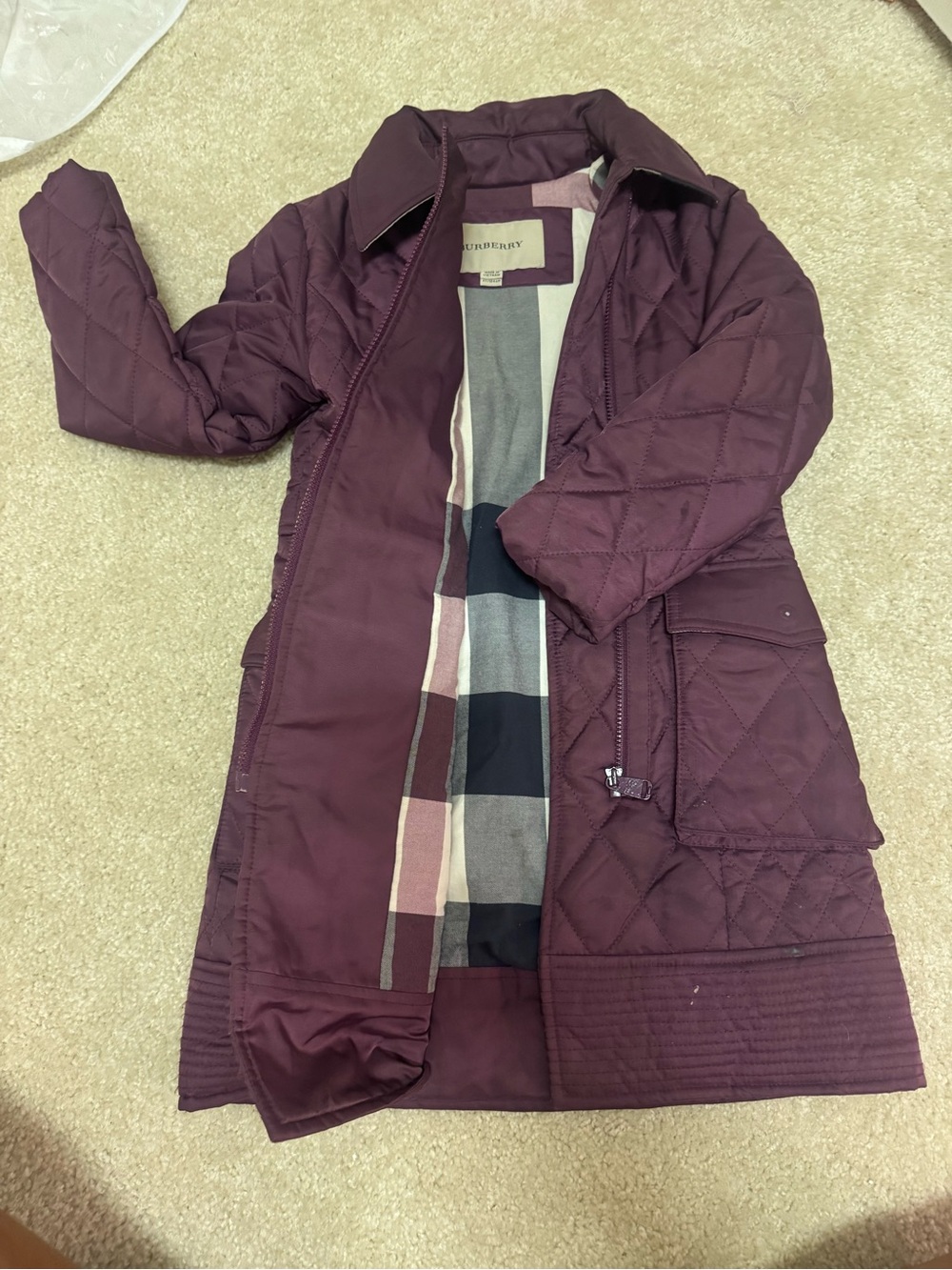 Burberry Quilted Plum Long Puffer Coat
